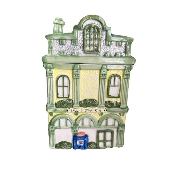Vintage Collectible Ceramic Cookie Jar Canister Town Post Office Building USPS - Picture 1 of 16